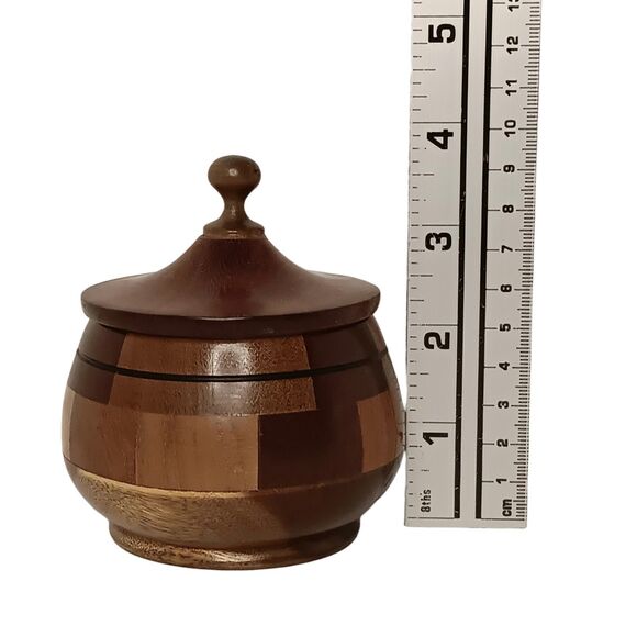 Vintage Round Inlaid Wooden Bowl Trinket  Dish With Lid MCM Parquetry 3.5"x3.5" - Picture 8 of 11